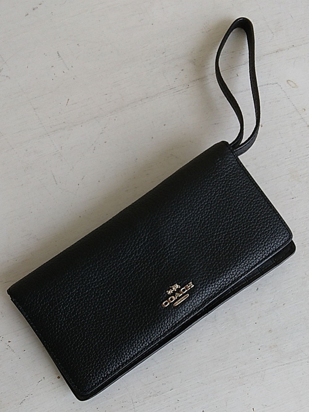Coach Black Leather Wristlet Card Holder with Gold Logo